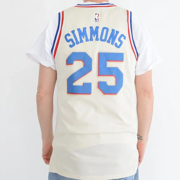 NBA Authentics w/ Nike Swoosh Philadelphia 76ers Cream & Blue Ben  Simmons M - Picture 3 of 13